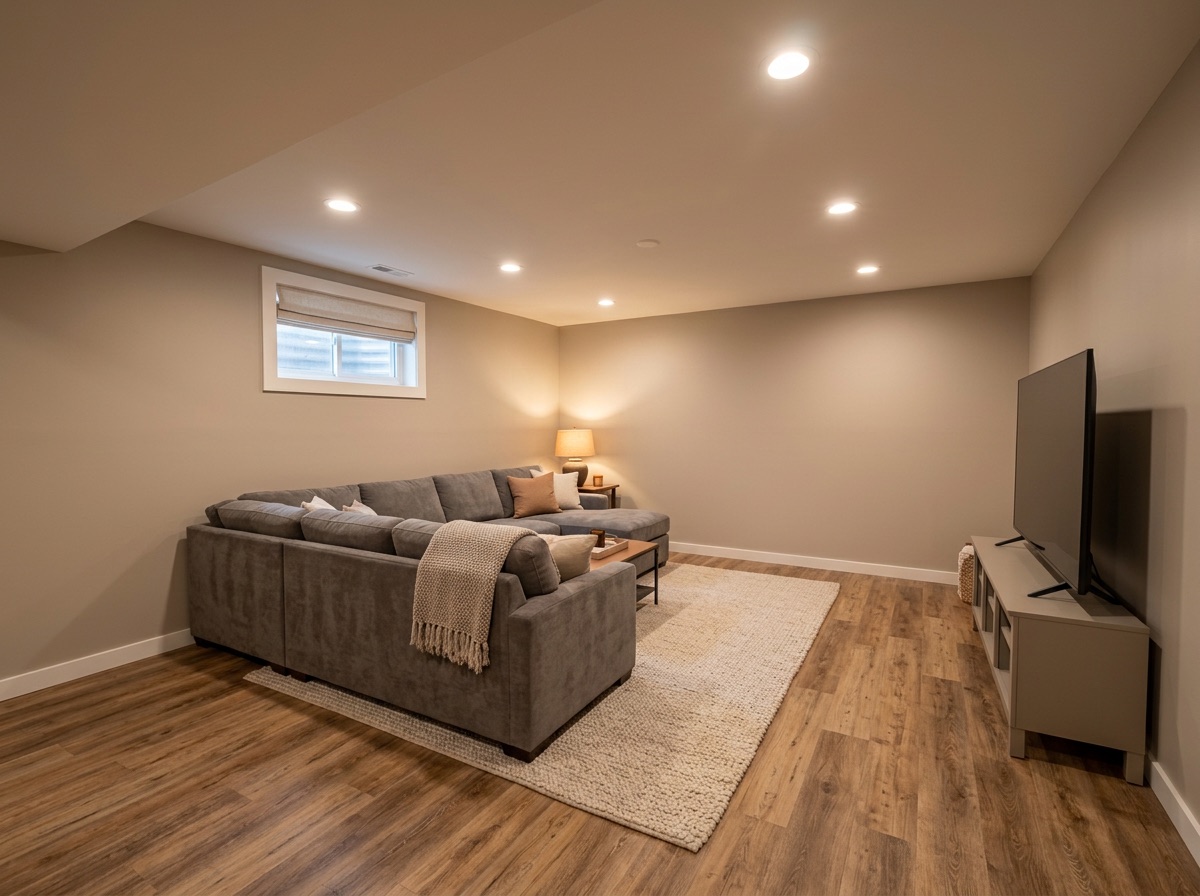 Cozy finished basement family room after remodeling