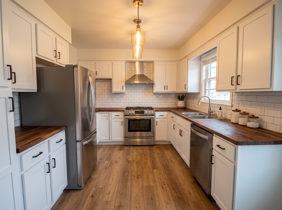 Bright white cottage kitchen with butcher block counters after remodeling