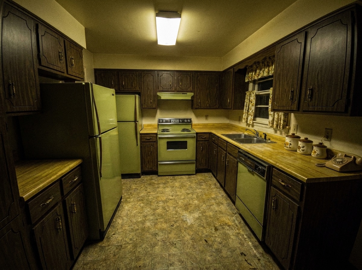 Dated 1970s kitchen with avocado green cabinets before remodeling